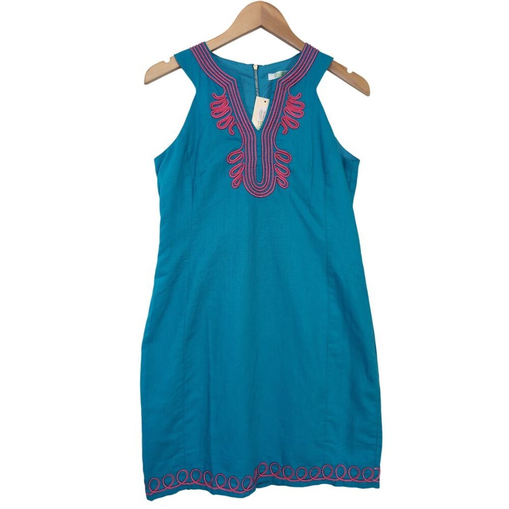Jade Melody Tam Embroidered Sheath Dress‎ Womens S Blue Sleeveless Career Resort